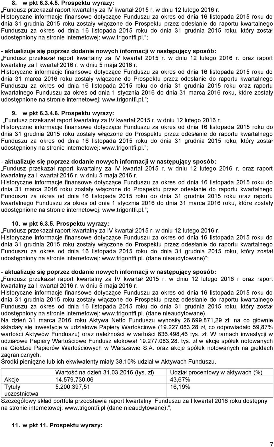 kwartalnego Funduszu za okres od dnia 1 stycznia 2016 do dnia roku, które zostały udostępnione na stronie internetowej: www.trigontfi.pl. ; 9. w pkt 6.3.4.6.  kwartalnego Funduszu za okres od dnia 1 stycznia 2016 do dnia roku, które zostały udostępnione na stronie internetowej: www.