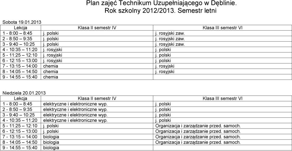 2-8:50 9:35 elektryczne i elektroniczne wyp. 3-9:40 10:25 elektryczne i elektroniczne wyp. 4-10:35 11:20 elektryczne i elektroniczne wyp. 5-11:25 12:10 Organizacja i zarządzanie przed. samoch.