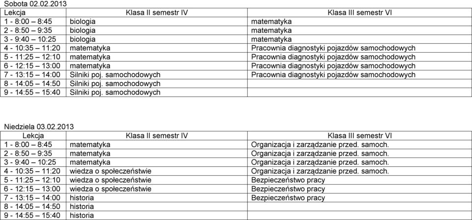 diagnostyki 7-13:15 14:00 Silniki poj. Pracownia diagnostyki 8-14:05 14:50 Silniki poj. Silniki poj. Niedziela 03.02.2013 1-8:00 8:45 Organizacja i zarządzanie przed.