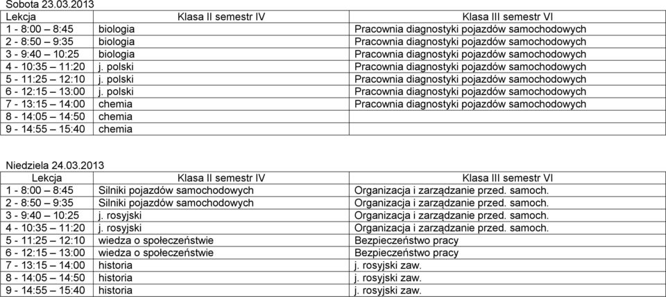 diagnostyki 6-12:15 13:00 Pracownia diagnostyki 7-13:15 14:00 chemia Pracownia diagnostyki 8-14:05 14:50 chemia chemia Niedziela 24.03.2013 1-8:00 8:45 Silniki Organizacja i zarządzanie przed.