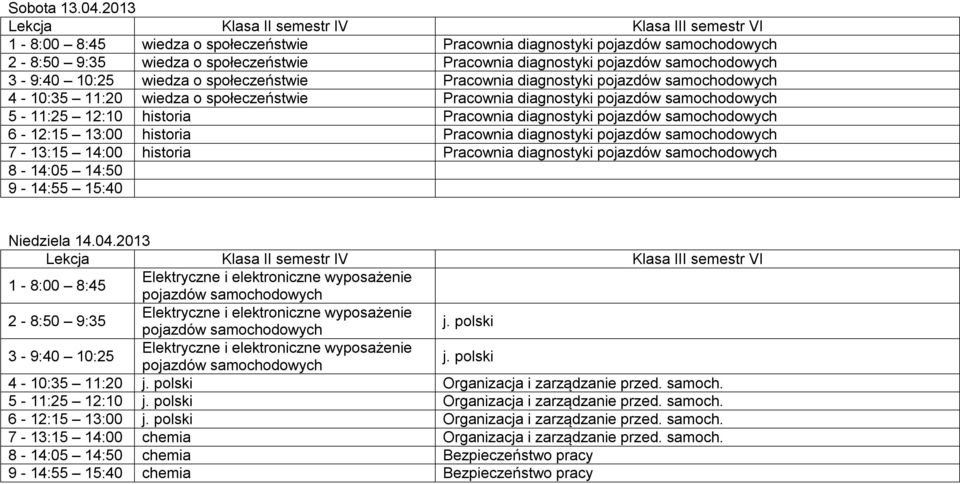 diagnostyki 4-10:35 11:20 wiedza o społeczeństwie Pracownia diagnostyki 5-11:25 12:10 historia Pracownia diagnostyki 6-12:15 13:00 historia Pracownia diagnostyki 7-13:15 14:00