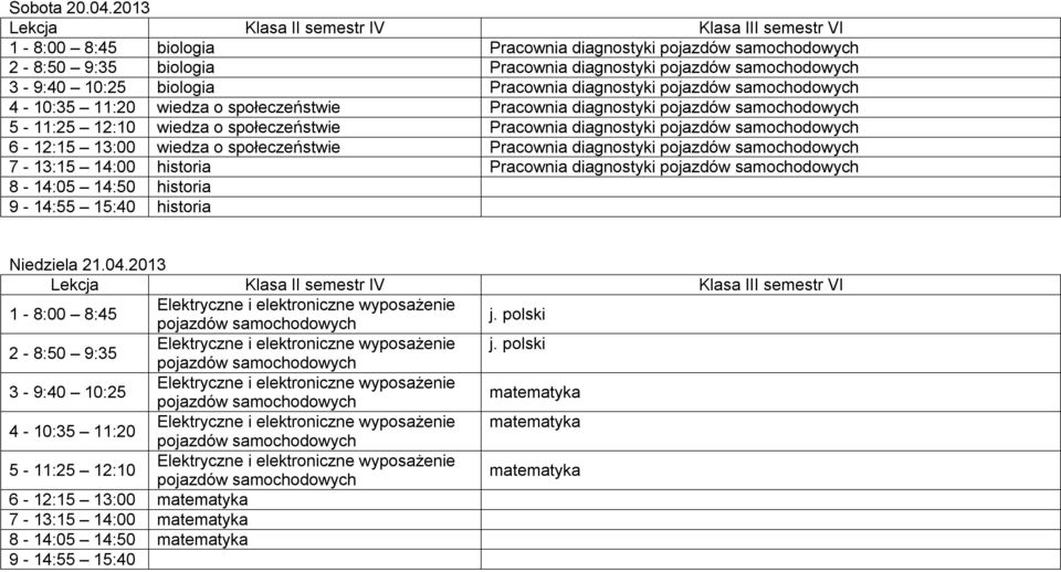 diagnostyki 4-10:35 11:20 wiedza o społeczeństwie Pracownia diagnostyki 5-11:25 12:10 wiedza o społeczeństwie Pracownia diagnostyki