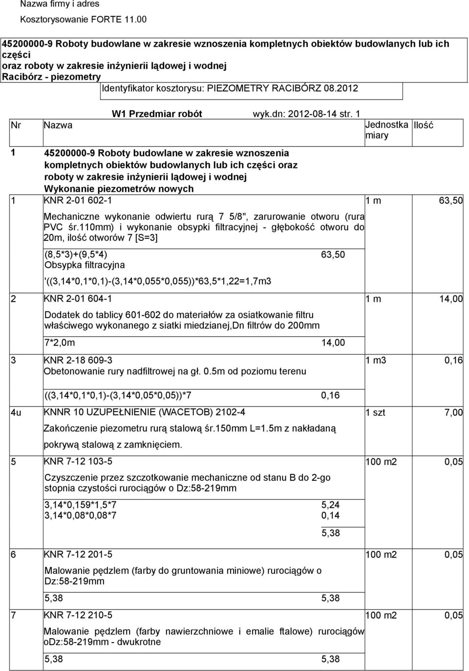 1 Nr Nazwa Jednostka miary 1 45200000-9 Roboty budowlane w zakresie wznoszenia kompletnych obiektów budowlanych lub ich części oraz Wykonanie piezometrów nowych 1 KNR 2-01 602-1 Mechaniczne wykonanie