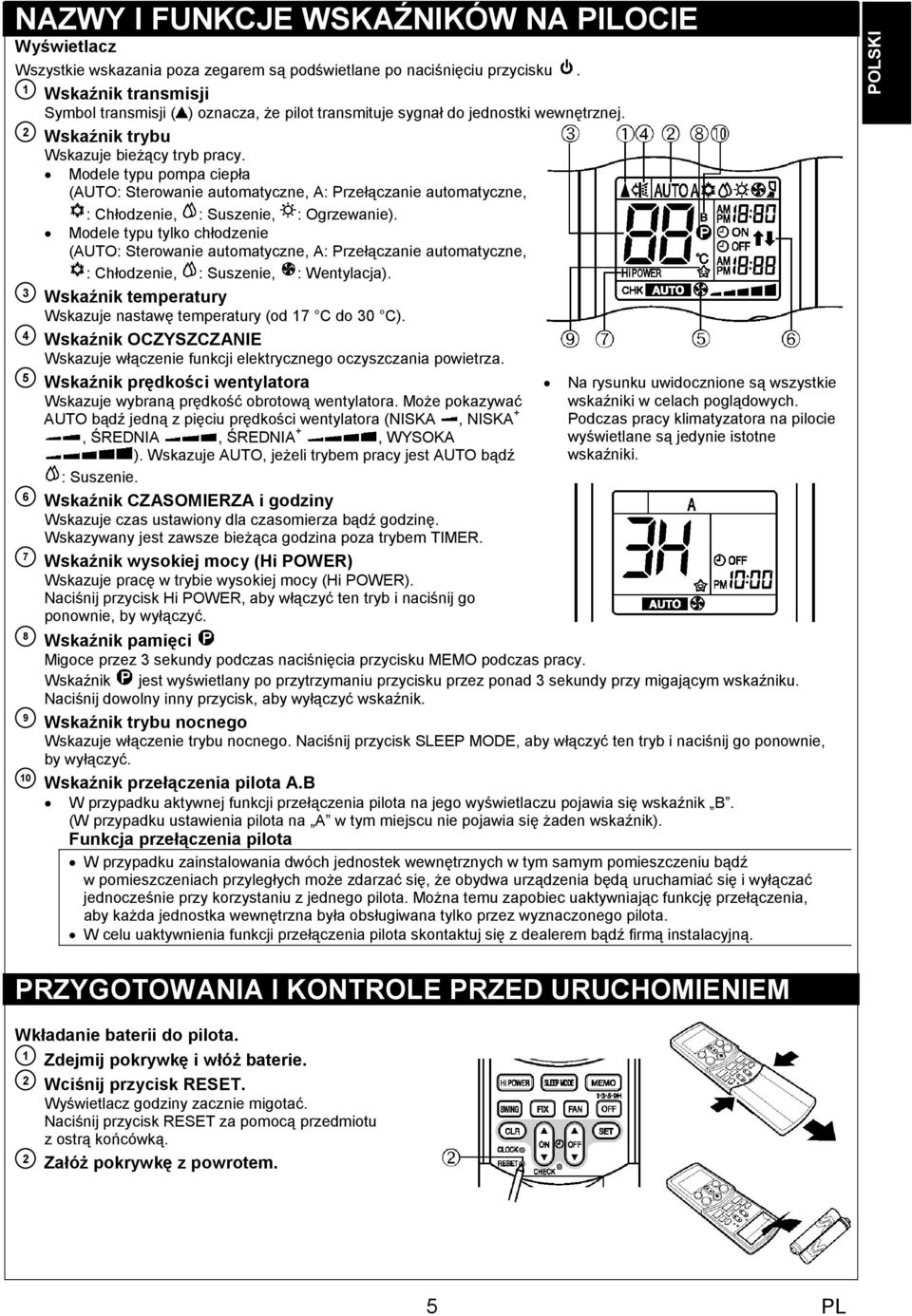 Modele typu pompa ciepła (AUTO: Sterowanie automatyczne, A: Przełączanie automatyczne, : Chłodzenie, : Suszenie, : Ogrzewanie).