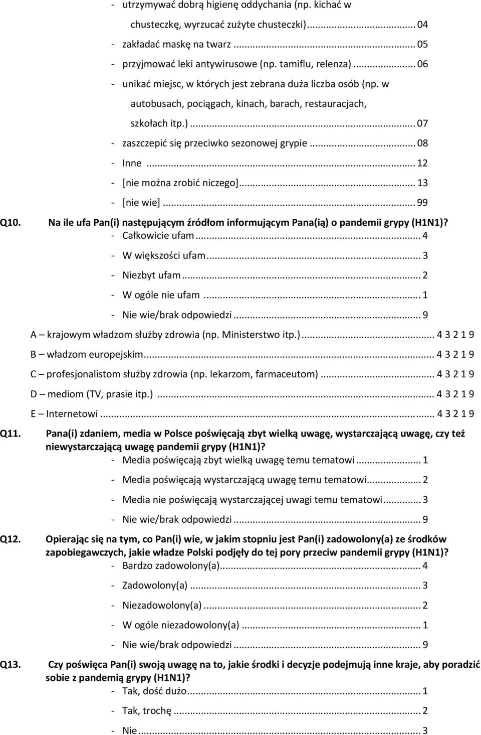 .. 12 [nie można zrobić niczego]... 13 [nie wie]... 99 Q10. Na ile ufa Pan(i) następującym źródłom informującym Pana(ią) o pandemii grypy (H1N1)? Całkowicie ufam... 4 W większości ufam.