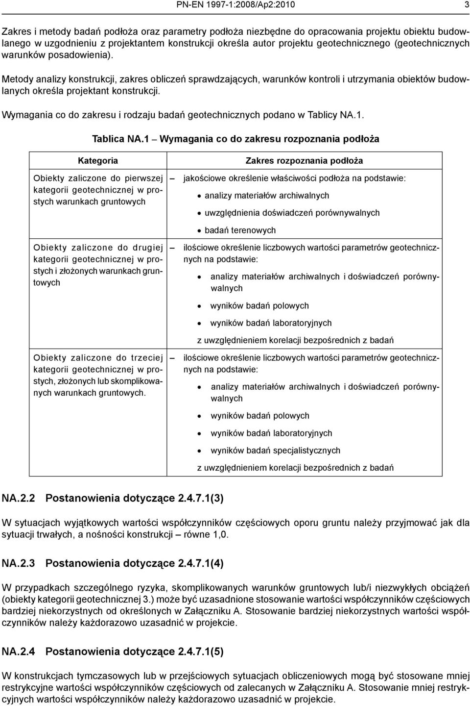 Wymagania co do zakresu i rodzaju badań geotechnicznych podano w Tablicy NA.1. Tablica NA.