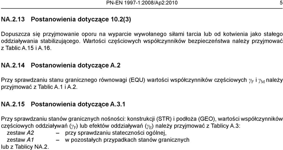 2 Przy sprawdzaniu stanu granicznego równowagi (EQU) wartości współczynników częściowych γ F i γ M należy przyjmować z Tablic A.1 i A.2. NA.2.15 Postanowienia dotyczące A.3.