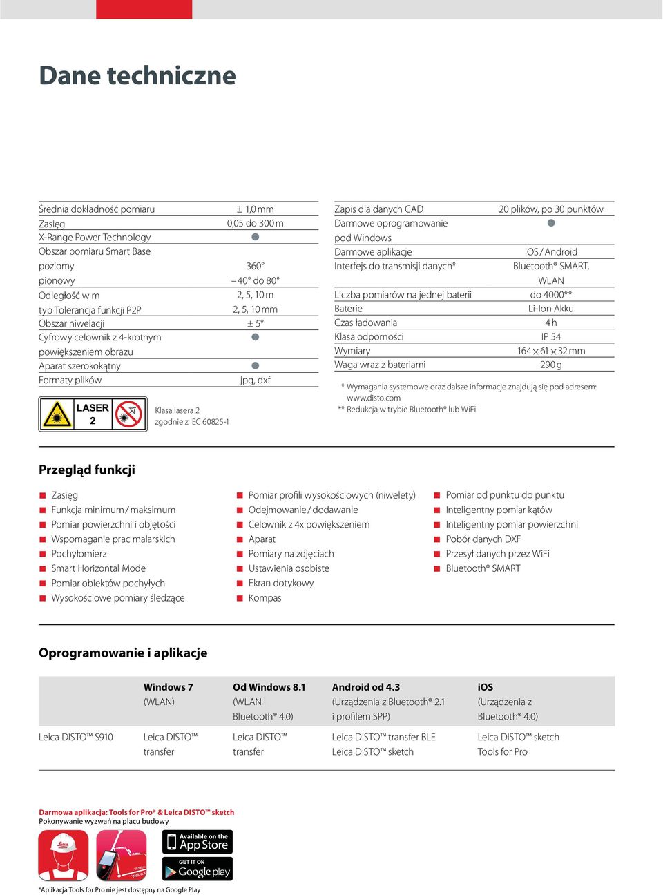 plików, po 30 punktów Darmowe oprogramowanie pod Windows Darmowe aplikacje ios / Android Interfejs do transmisji danych* Bluetooth SMART, WLAN Liczba pomiarów na jednej baterii do 4000** Baterie