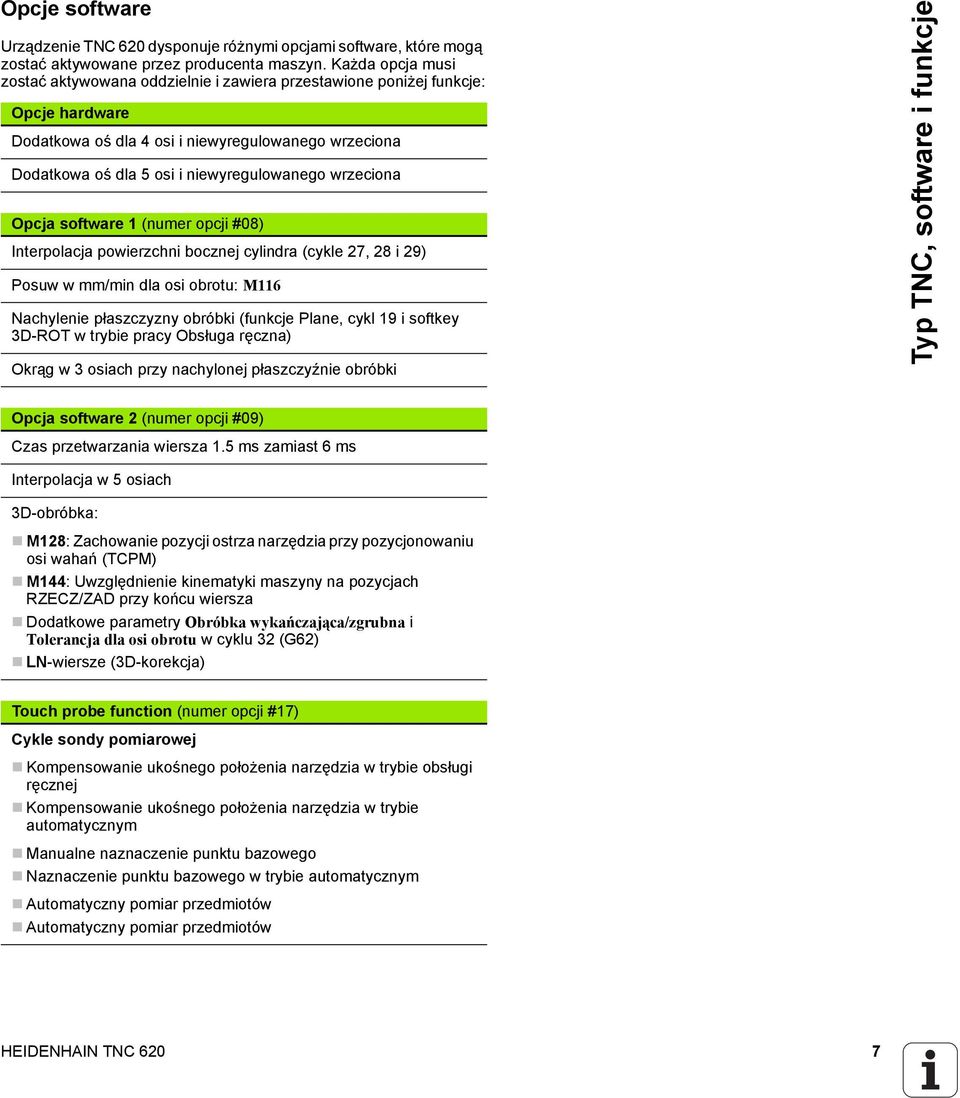 wrzeciona Opcja software 1 (numer opcji #08) Interpolacja powierzchni bocznej cylindra (cykle 27, 28 i 29) Posuw w mm/min dla osi obrotu: M116 Nachylenie płaszczyzny obróbki (funkcje Plane, cykl 19 i