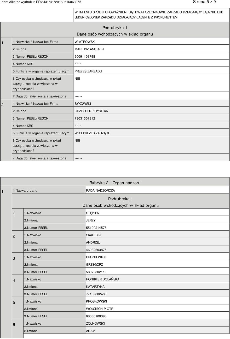Czy osoba wchodząca w skład zarządu została zawieszona w czynnościach? PREZES ZARZĄDU 7.Data do jakiej została zawieszona ------ 2 1.Nazwisko / Nazwa lub Firma BYKOWSKI GRZEGORZ KRYSTIAN 3.