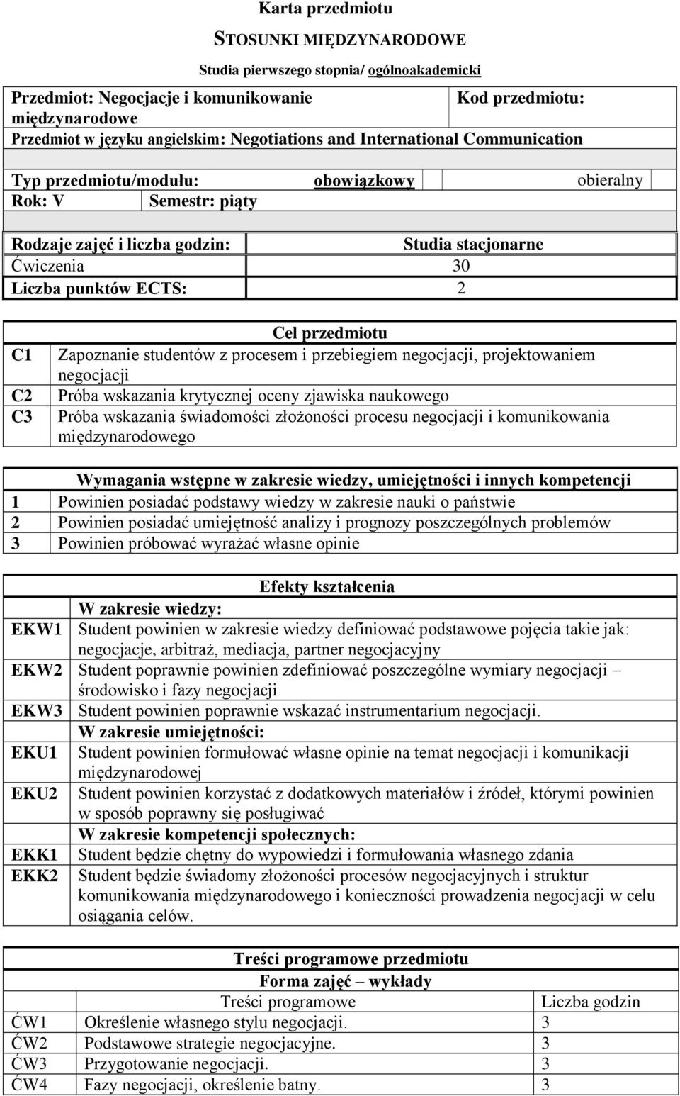 przedmiotu Zapoznanie studentów z procesem i przebiegiem negocjacji, projektowaniem negocjacji Próba wskazania krytycznej oceny zjawiska naukowego Próba wskazania świadomości złożoności procesu