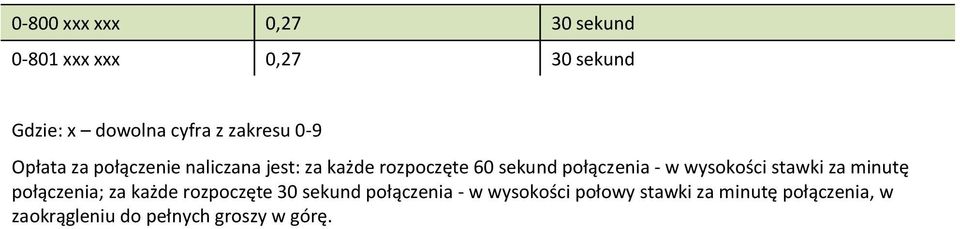 połączenia - w wysokości stawki za minutę połączenia; za każde rozpoczęte 30 sekund