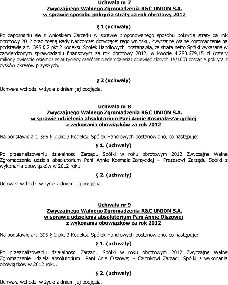 395 2 pkt 2 Kodeksu Spółek Handlowych postanawia, że strata netto Spółki wykazana w zatwierdzonym sprawozdaniu finansowym za rok obrotowy 2012, w kwocie 4.280.