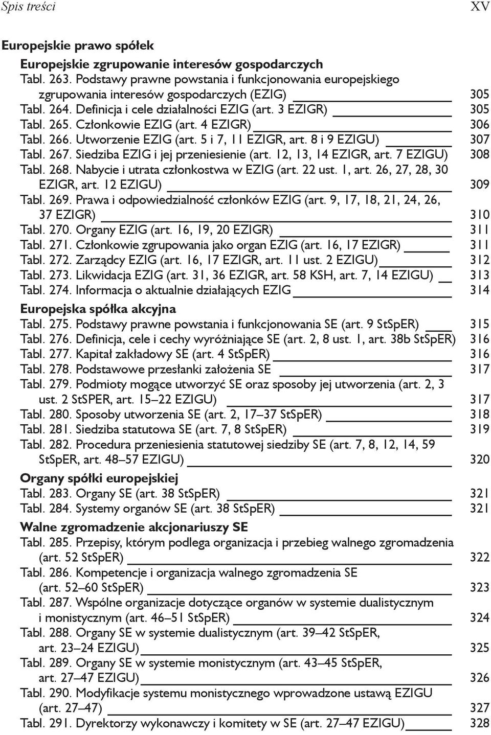 Członkowie EZIG (art. 4 EZIGR) 306 Tabl. 266. Utworzenie EZIG (art. 5 i 7, 11 EZIGR, art. 8 i 9 EZIGU) 307 Tabl. 267. Siedziba EZIG i jej przeniesienie (art. 12, 13, 14 EZIGR, art. 7 EZIGU) 308 Tabl.