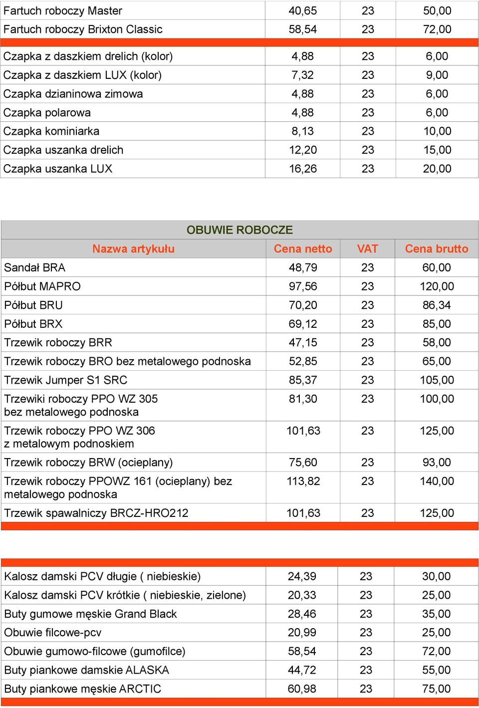 97,56 23 120,00 Półbut BRU 70,20 23 86,34 Półbut BRX 69,12 23 85,00 Trzewik roboczy BRR 47,15 23 58,00 Trzewik roboczy BRO bez metalowego podnoska 52,85 23 65,00 Trzewik Jumper S1 SRC 85,37 23 105,00