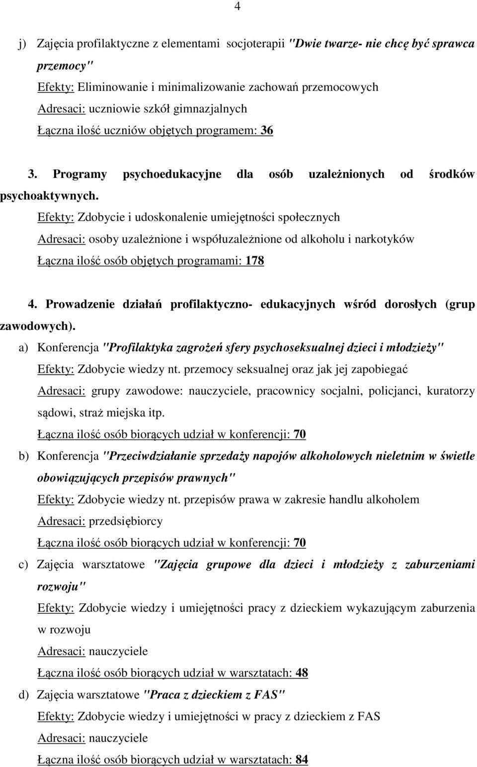 Efekty: Zdobycie i udoskonalenie umiejętności społecznych Adresaci: osoby uzależnione i współuzależnione od alkoholu i narkotyków Łączna ilość osób objętych programami: 178 4.