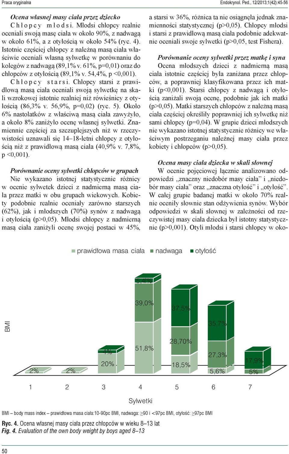 Istotnie częściej chłopcy z należną masą ciała właściwie oceniali własną sylwetkę w porównaniu do kolegów z nadwagą (89,1% v. 61%, p=0,01) oraz do chłopców z otyłością (89,1% v. 54,4%, p <0,001).