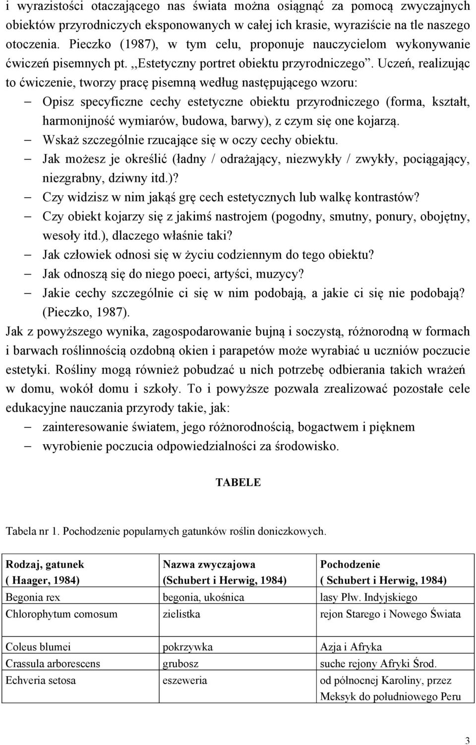Uczeń, realizując to ćwiczenie, tworzy pracę pisemną według następującego wzoru: Opisz specyficzne cechy estetyczne obiektu przyrodniczego (forma, kształt, harmonijność wymiarów, budowa, barwy), z