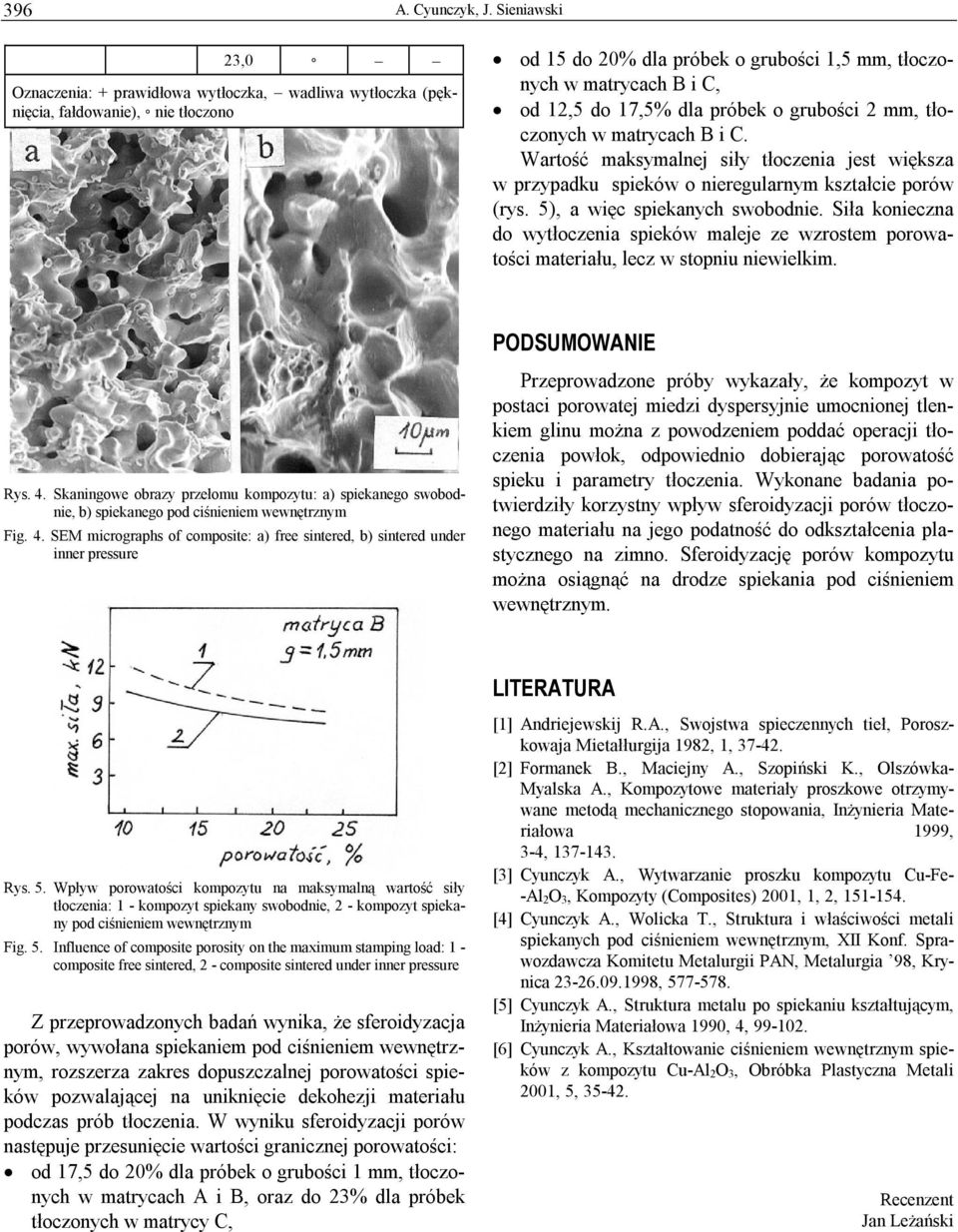 dla próbek o grubości 2 mm, tłoczonych w matrycach B i C. Wartość maksymalnej siły tłoczenia jest większa w przypadku spieków o nieregularnym kształcie porów (rys. 5), a więc spiekanych swobodnie.