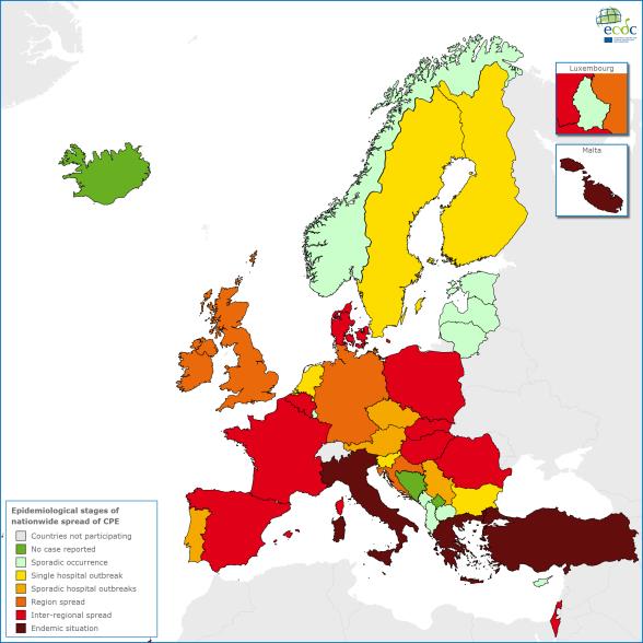 Number of countries Jak przedstawia się sytuacja w Europie? Rycina 1. Sytuacja epidemiologiczna występowania CPE w 38 krajach europejskich w 2013r. (górna rycina) i 2015r. (dolna rycina).