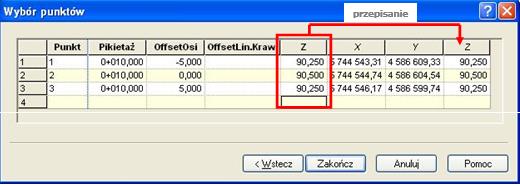 Model Liniowy Drogi Przekroje poprzeczne 2D > siatka punktów 3D Dzięki funkcji Pikietaż i Domiar na współrzędne możemy wygenerować siatkę X,Y,Z dla podawanych ręcznie domiarów i rzędnych projektu z