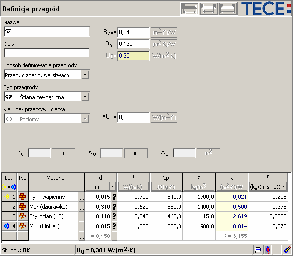 Lekcja 3 Instal-therm 4 HCR + Instal-OZC 4 2. Pojawia się nowa tabela z danymi do uzupełnienia. Wpisujemy krótką nazwę identyfikującą przegrodę, komentarz oraz wybieramy typ z listy.