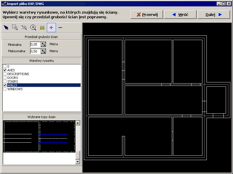 Lekcja 3 Instal-therm 4 HCR + Instal-OZC 4 4. W górnej części okna uzupełniamy przedział grubości ścian (minimalną i maksymalną wartość).
