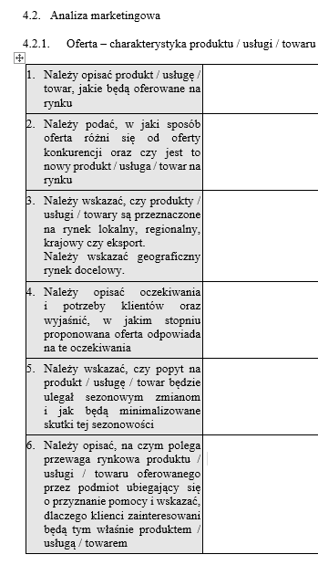 Należy opisać, jakie produkty/towary/usługi będą oferowane na rynku, czy są to nowe produkty, czym różnią się od dotychczas dostępnych, dlaczego klienci wybiorą ofertę podmiotu.