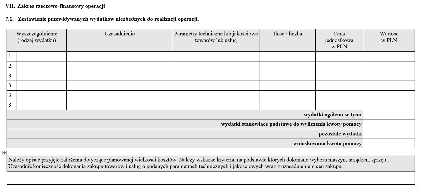 Należy wyszczególnić zadania w kolejności podanej w Zestawieniu rzeczowo finansowym operacji (część B.V. wniosku o przyznanie pomocy). Na końcu Zestawienia należy wymienić pozycje niekwalifikowalne.