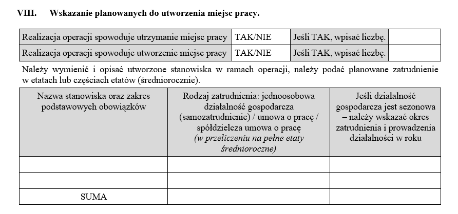 Należy wskazać, czy realizacja operacji spowoduje utrzymanie miejsc pracy lub utworzenie miejsc pracy.