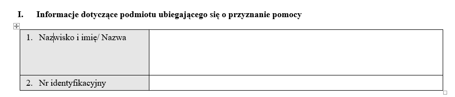 Należy podać nazwisko i imię lub nazwę podmiotu ubiegającego się o przyznanie pomocy.