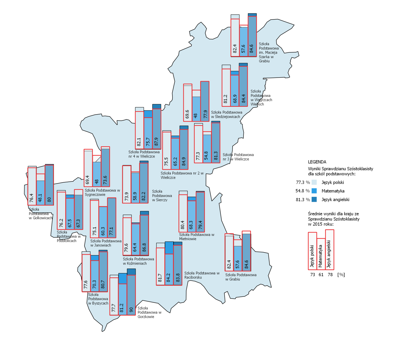 Wieliczka w 2015 roku [%]. Źródło: opracowanie własne na podstawie danych MGOPS, 2015 Mapa 2.