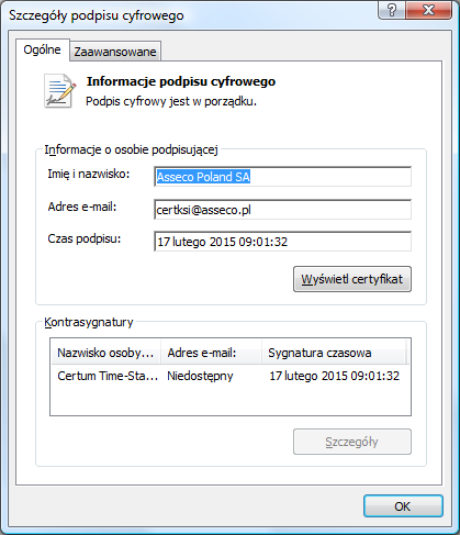 Rysunek 168. Weryfikacja podpisu szczegóły podpisu cyfrowego Możesz również sprawdzić czas podpisania pliku na liście współpodpisów.
