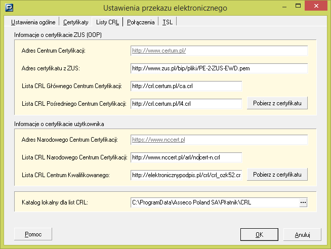 4.2.6 Ustawienia list CRL Na zakładce Listy CRL znajdują się parametry służące do konfiguracji adresów służących do pobierania list CRL.