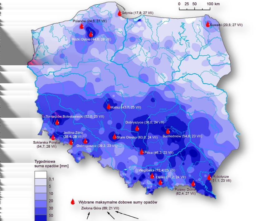 Wybrane maksymalne sumy dobowe opadu w dniach 8-15 lipca, 15-22 lipca i 22-29 lipca 2014. Źródło: Tygodniowy Biuletyn Hydrologiczny (IMGW-PIB).