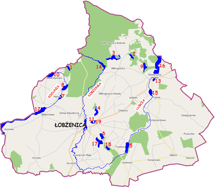 1 jez. Czarne 11 jez. Popówek 2 jez. Czarne Wielkie 12 jez. Sławianowskie 3 jez. Długie 13 jez. Słomionek (Słomianek) 4 jez. Króla 14 Młyński Staw 5 jez. Liszkowskie 15 jez.