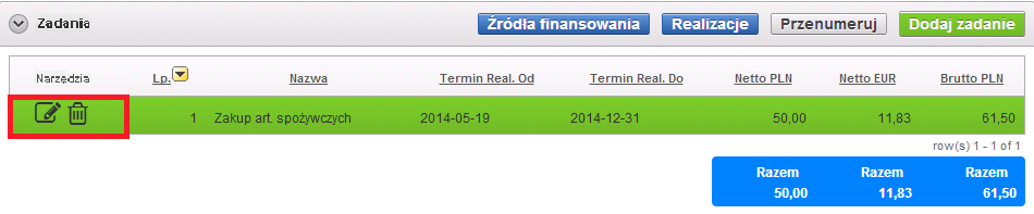 Aby usunąć dane źródło finansowania należy wybrać przycisk. Aby zmodyfikować dane źródło finansowania należy wybrać przycisk.