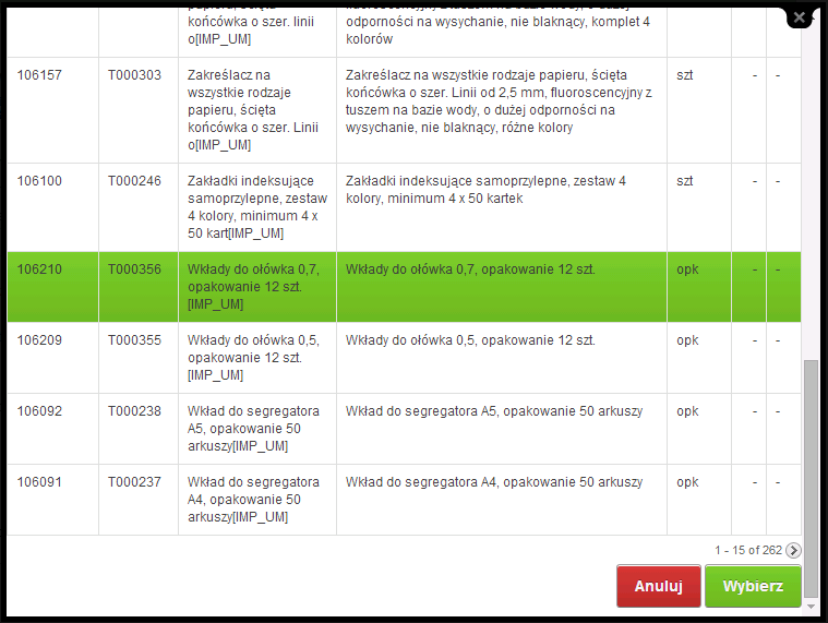 UWAGA: Listę towarów można filtrować.