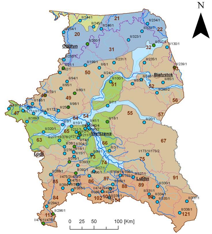 Rysunek 122 Mapa częstości występowania niżówek/suszy o długości trwania powyżej 3 miesięcy w roku Rysunek 123 Rozkład punktów monitoringu na tle rodzaju wydzieleń geograficznych