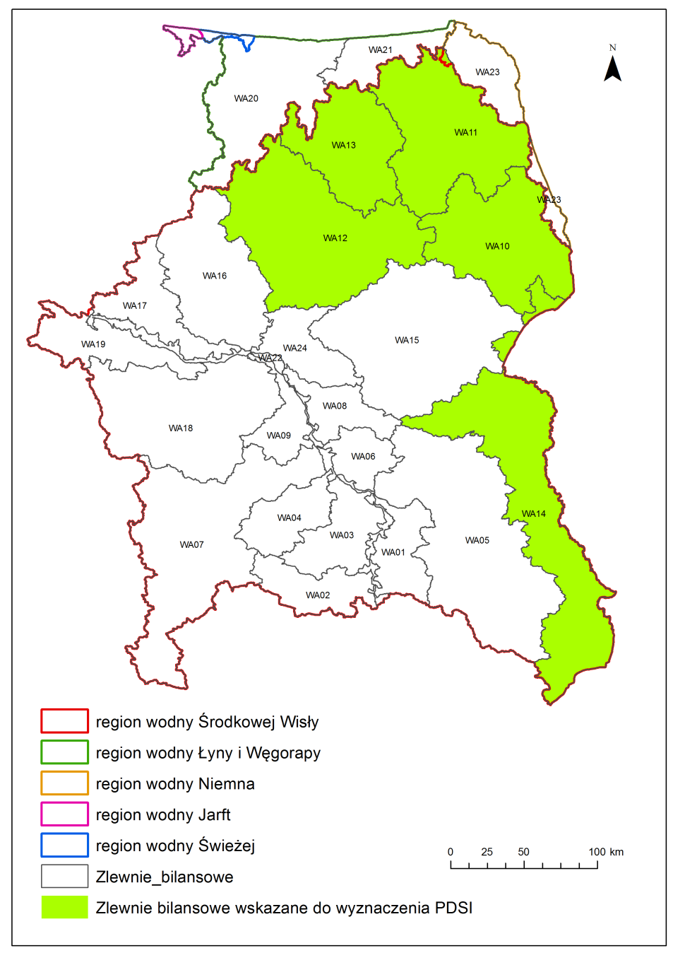 Rysunek 35 Zlewnie bilansowe wskazane w Metodyce KZGW do wyznaczenia wskaźnika suszy rolniczej PDSI fapar (z ang.