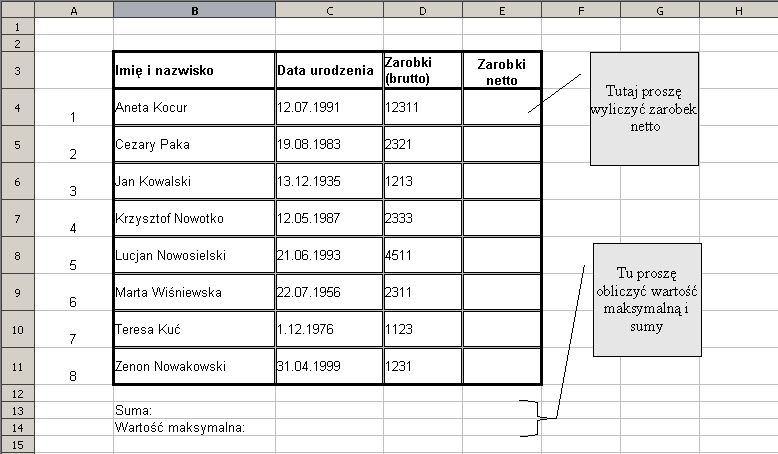 Ćwiczenie 3: Wstawianie danych, obliczenia matematyczne i statystyczne.