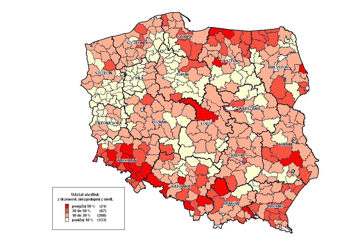 Udział drzewostanów niezgodnych z TSL [ w %