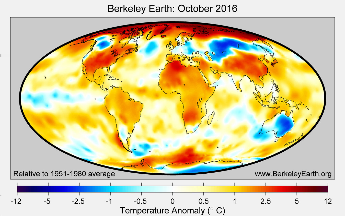 Berkeley Earth październik 2016 Październik 2016 był pierwszym miesiącem ze znacznymi anomaliami temperatury w Arktyce. Na wyspie Wize był on rekordowo ciepły wyrównano rekord z 2012 i 2009.