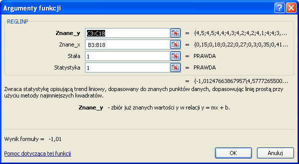 W komórkę B21 wprowadź funkcję REGLINP(). Za pomocą rozwiniętego okna dialogowego wprowadź jako zmienne: znane_y kolumnę U arkusza; znane_x kolumnę I arkusza.