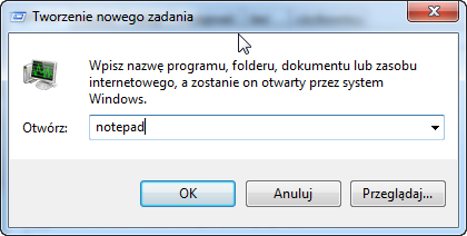 Kliknij Nowe zadanie. Pojawi się okno "Tworzenie nowego zadania". W polu Otwórz wpisz polecenie notepad, a następnie kliknij przycisk OK.