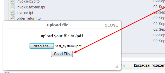 Następnie klikamy Upload file. Wybieramy dokument i klikamy Send file. Pliki dodane do tego folderu będą miały ścieżkę: sn-pomet.pl/pdf/nazwa pliku W tym przypadku zatem sn-pomet.