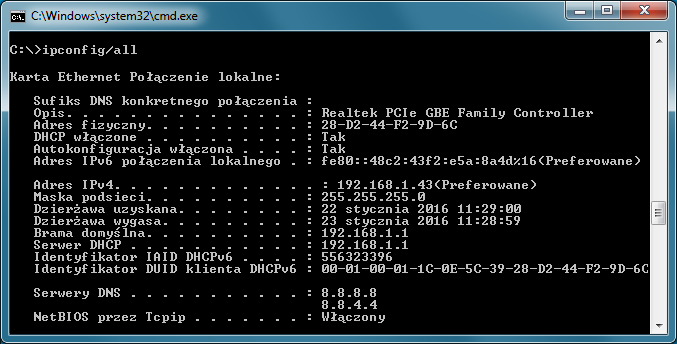 Zgodnie z przykładem, parametry połączenia IPv4 komputera są następujące: Adres IP: 192.168.1.43 Maska podsieci: 255.255.255.0 Brama domyślna: 192.168.1.1 Serwer DNS 1: 8.8.8.8 Serwer DNS 2: 8.8.4.4 1.
