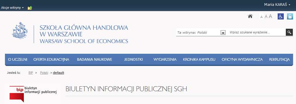 1. Wstęp jak zacząć edytowanie witryny jednostki Aby zacząć pracę w portalu SGH (na platformie SharePoint), należy zalogować się na witrynie edytowanej jednostki.