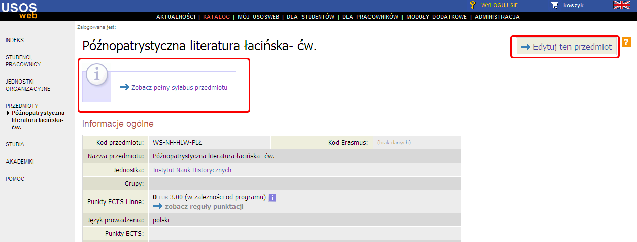 wyświetla pełny opis przedmiotu. Ramka z zaznaczoną opcją Edytuj ten przedmiot, odsyła bezpośrednio do okna edycji opisu przedmiotu.