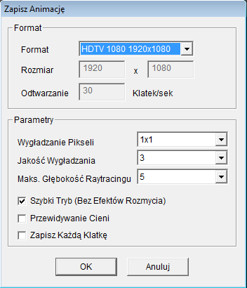 Ustaw parametry Raytrace a. Wygładzenie pikseli oznaczaja wygładzanie krawędzi, im wartość wyższa, tym krawędzie ba